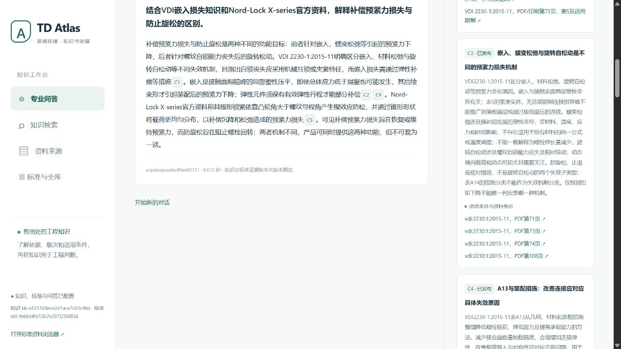 TD Atlas 真实原型，专业问答旁展示知识引用、标准版次及原文页码